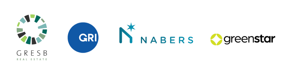 Four logos showing Growthpoint's current benchmarking partners. GRESB Real Estate, GRI, NABERS and Greenstar