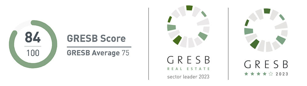 GOZ 2022 GRESB results graphic showing performance of 84/100 and logos for Sector Leader performance and 4-star rating performance for 2023