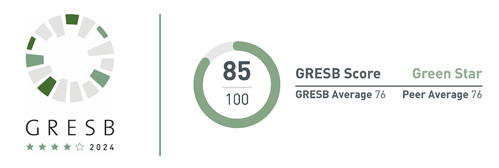 GRESB results - 4 star performance logo and graphich showing 85/100 as a donut pie graph with peer average score of 76 at side of graph